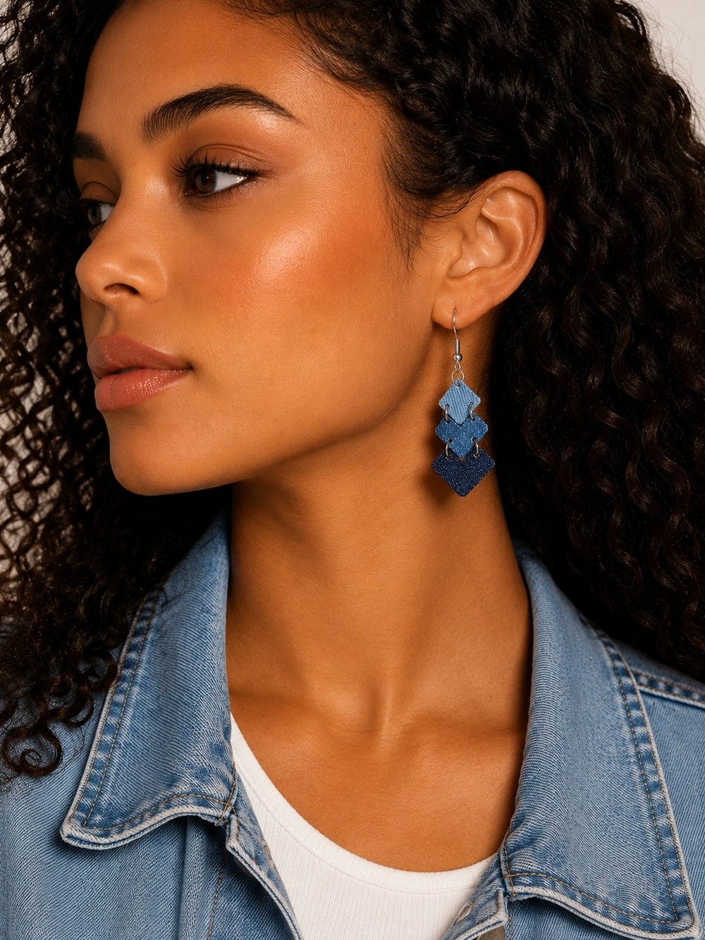 Layered Denim Geometric Dangle Earrings